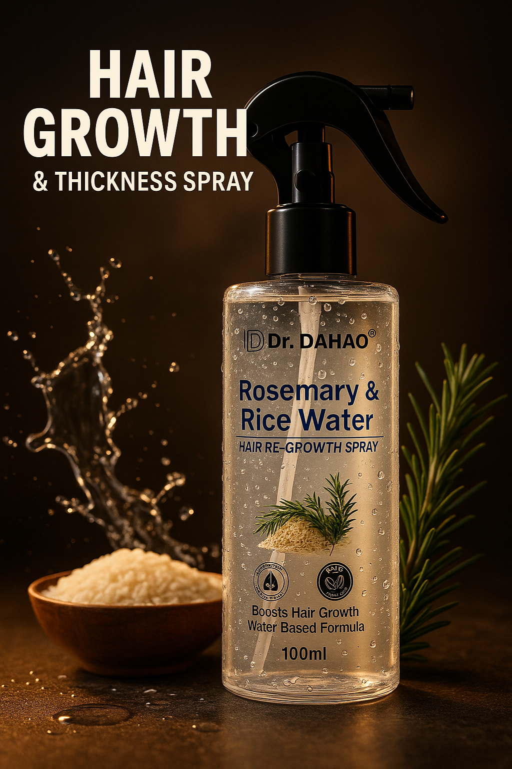 Dr. Dahao Rosemary & Rice Water Hair growth Spray – Natural Hair Growth & Thickness Booster with Rice Water | 100% Herbal Formula | Anti-Hairfall, Smooth & Shiny Hair – 100 ml
