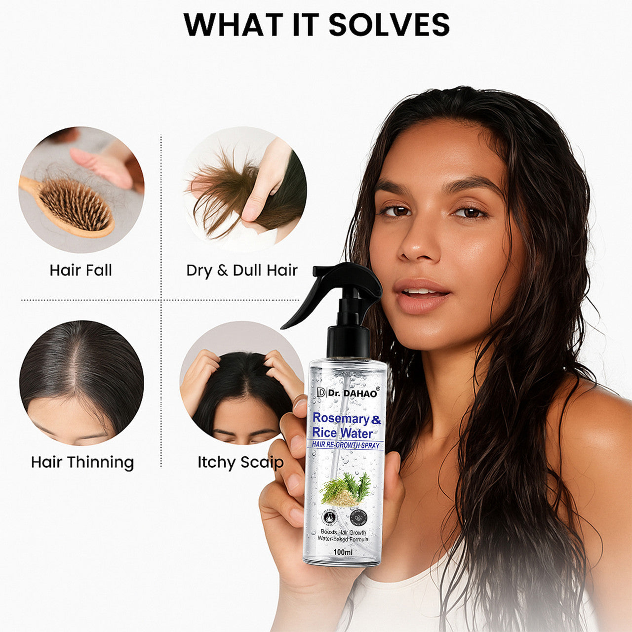Dr. Dahao Rosemary & Rice Water Hair growth Spray – Natural Hair Growth & Thickness Booster with Rice Water | 100% Herbal Formula | Anti-Hairfall, Smooth & Shiny Hair – 100 ml