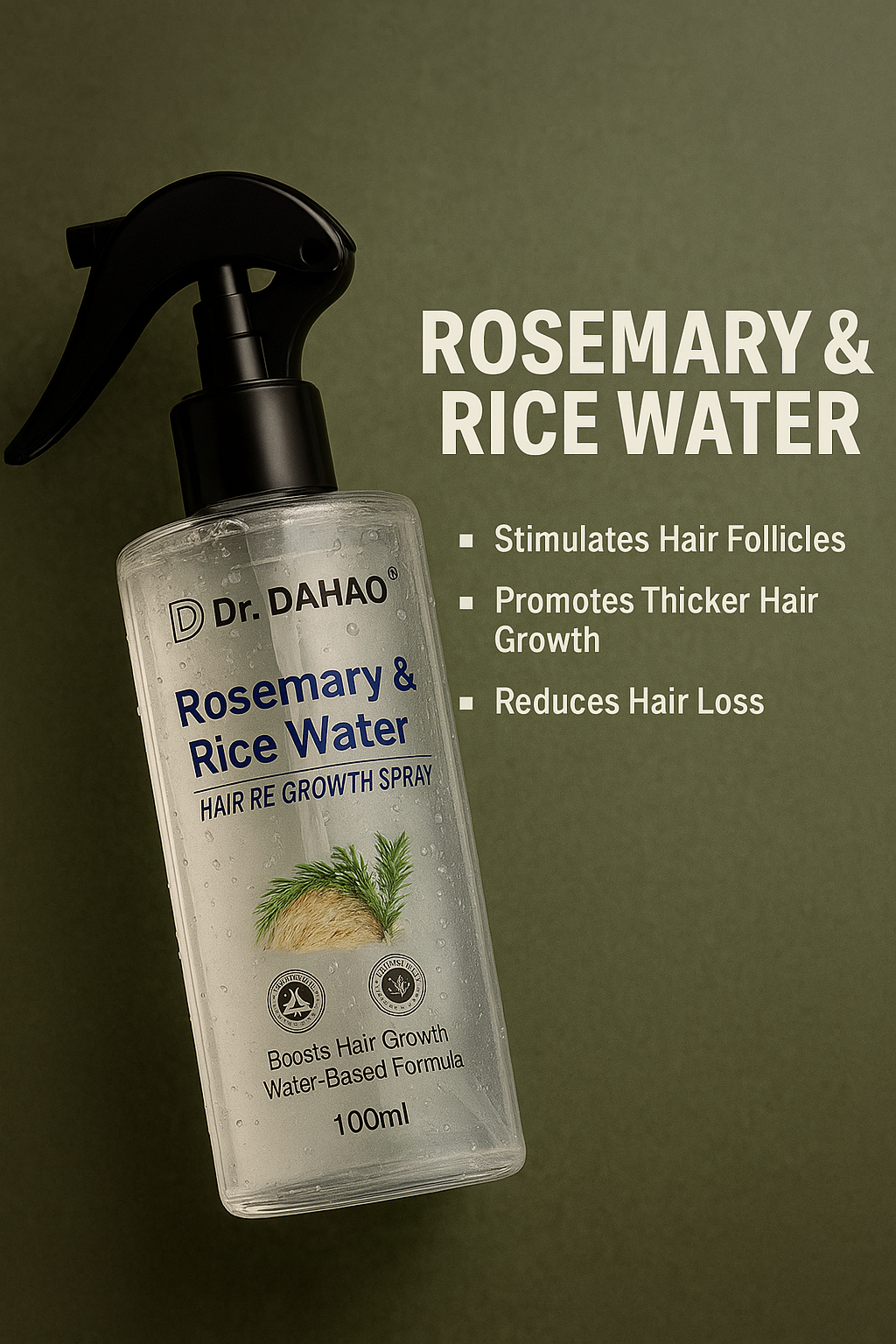 Dr. Dahao Rosemary & Rice Water Hair growth Spray – Natural Hair Growth & Thickness Booster with Rice Water | 100% Herbal Formula | Anti-Hairfall, Smooth & Shiny Hair – 100 ml