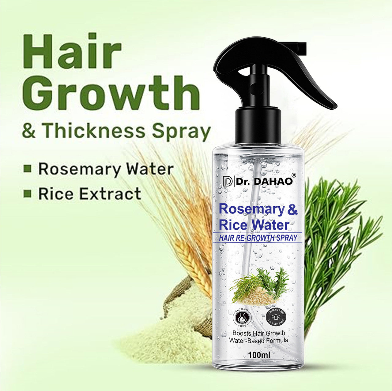 Dr. Dahao Rosemary & Rice Water Hair growth Spray – Natural Hair Growth & Thickness Booster with Rice Water | 100% Herbal Formula | Anti-Hairfall, Smooth & Shiny Hair – 100 ml