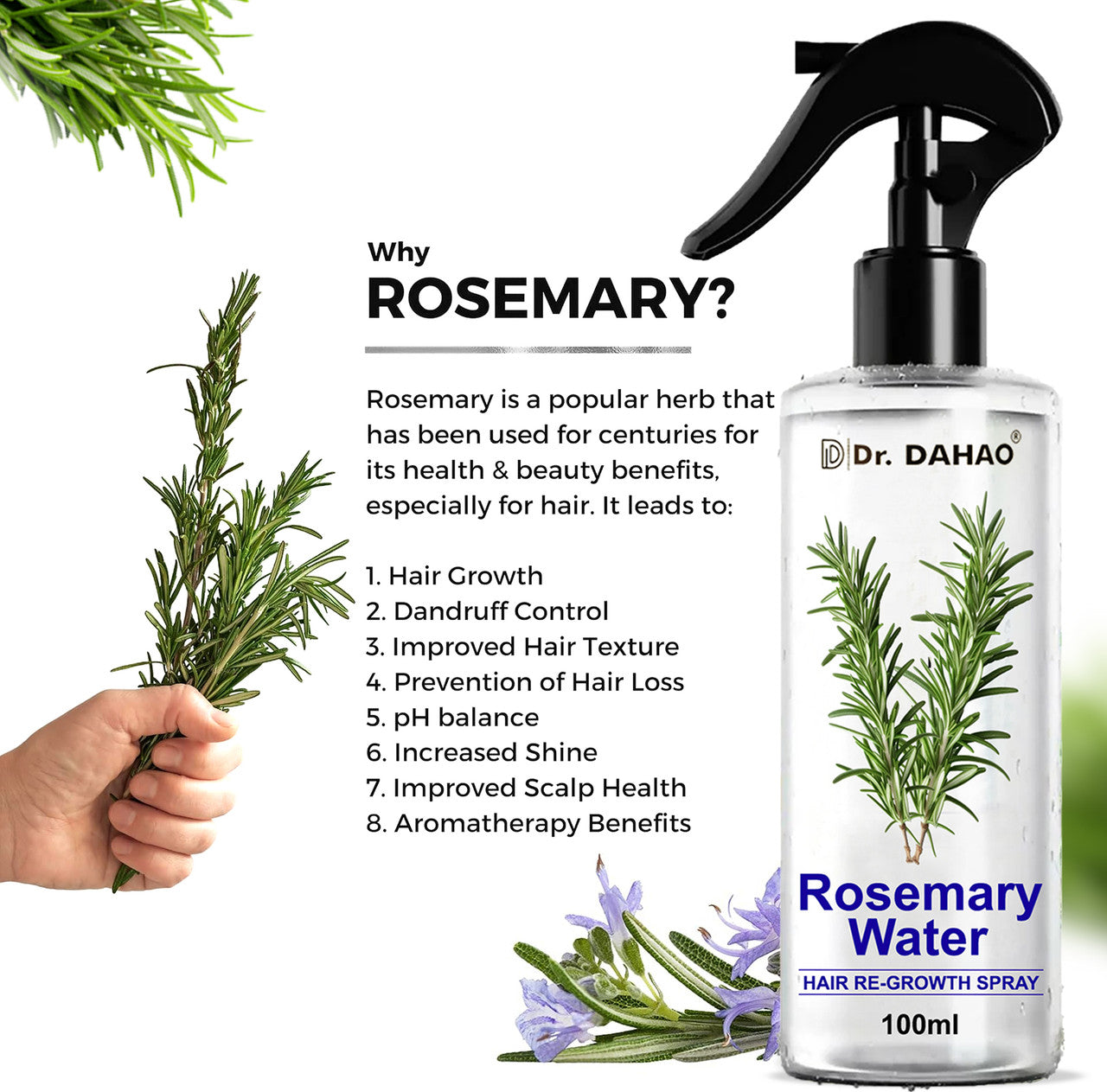 Dr. Dahao Rosemary & Rice Water Hair growth Spray – Natural Hair Growth & Thickness Booster with Rice Water | 100% Herbal Formula | Anti-Hairfall, Smooth & Shiny Hair – 100 ml