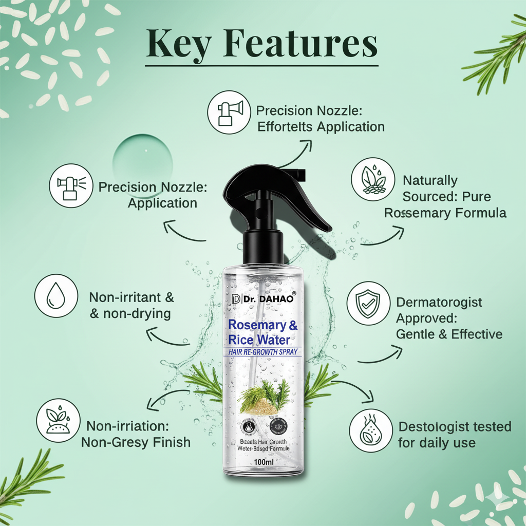 Dr. Dahao Rosemary & Rice Water Hair growth Spray – Natural Hair Growth & Thickness Booster with Rice Water | 100% Herbal Formula | Anti-Hairfall, Smooth & Shiny Hair – 100 ml
